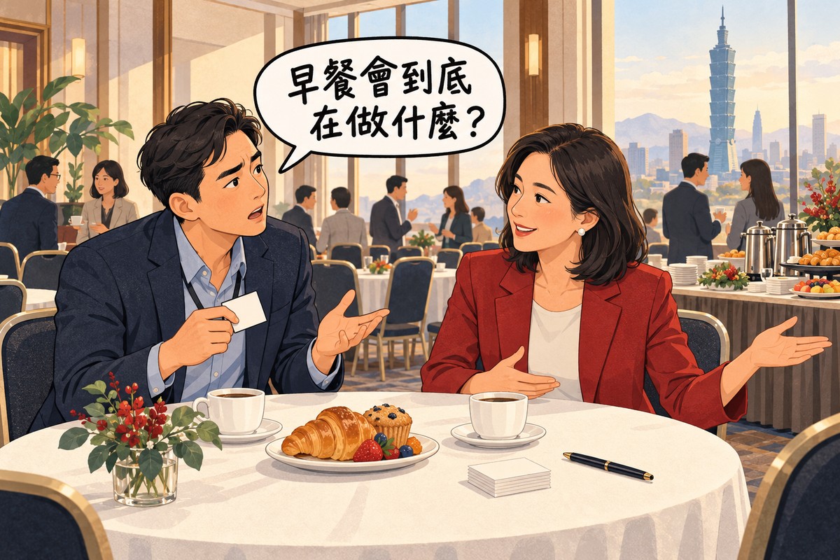 一位第一次當來賓的上班族皺著眉頭問「早餐會到底在做什麼?」,對面的女老闆比著會場向他說明