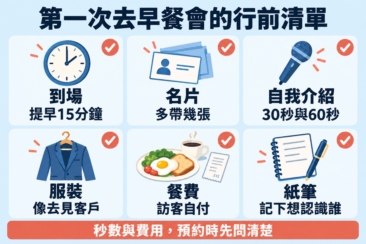 第一次去早餐會的行前清單六格圖:到場提早15分鐘、名片多帶幾張、自我介紹準備30秒與60秒、服裝像去見客戶、餐費訪客自付、紙筆記下想認識誰;下方提醒秒數與費用預約時先問清楚