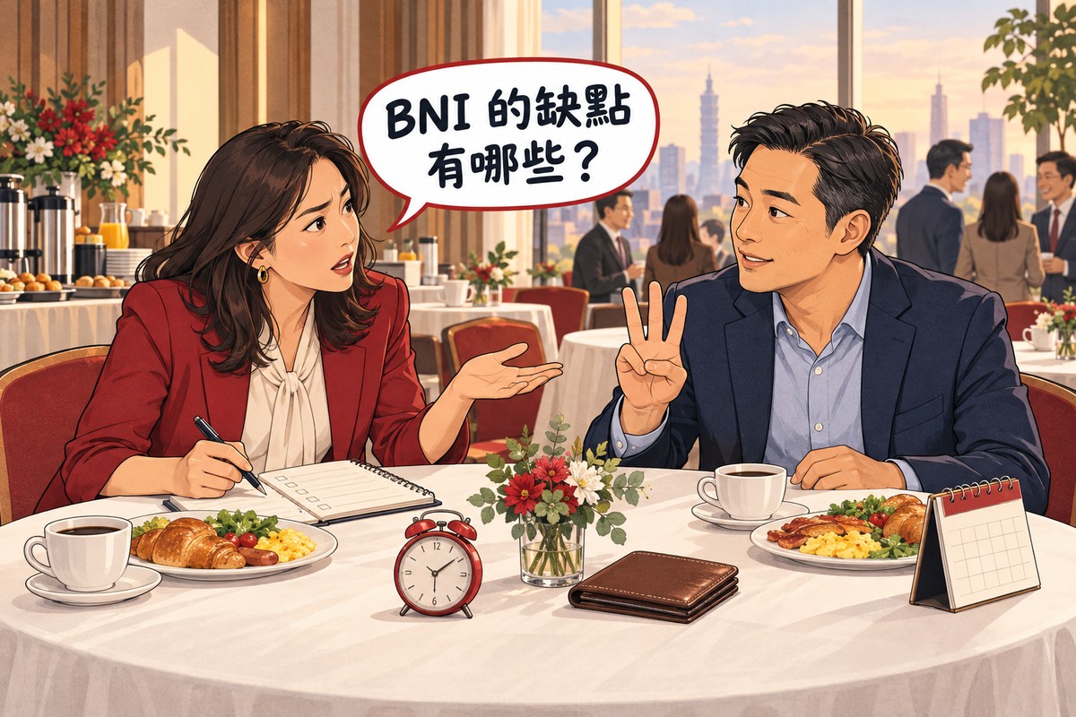 封面插畫:清晨的早餐會會場,一位女老闆皺著眉、拿著筆問加入 BNI 的缺點,對面的男會員伸出手指一項一項回答,桌上有鬧鐘、錢包與桌曆。
