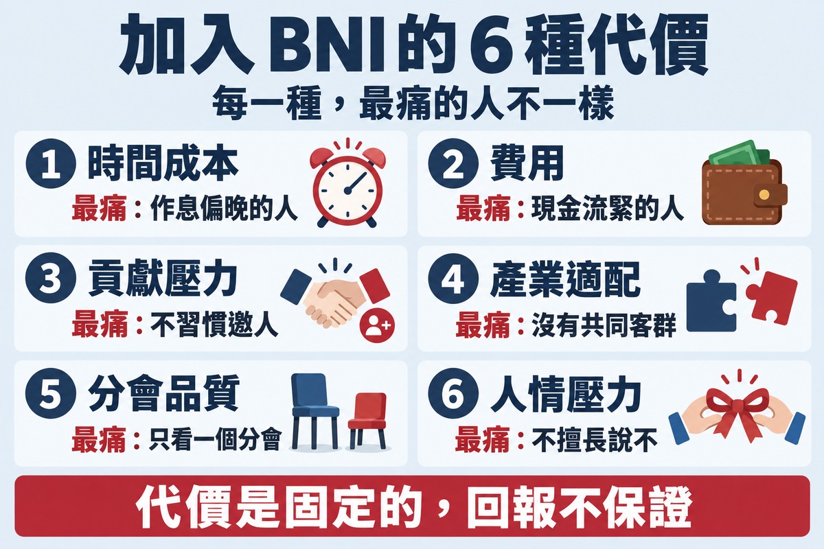 分類圖:加入 BNI 的 6 種代價——時間成本、費用、貢獻壓力、產業適配、分會品質、人情壓力,每一格寫出最痛的是哪一種人;底部一句「代價是固定的,回報不保證」。