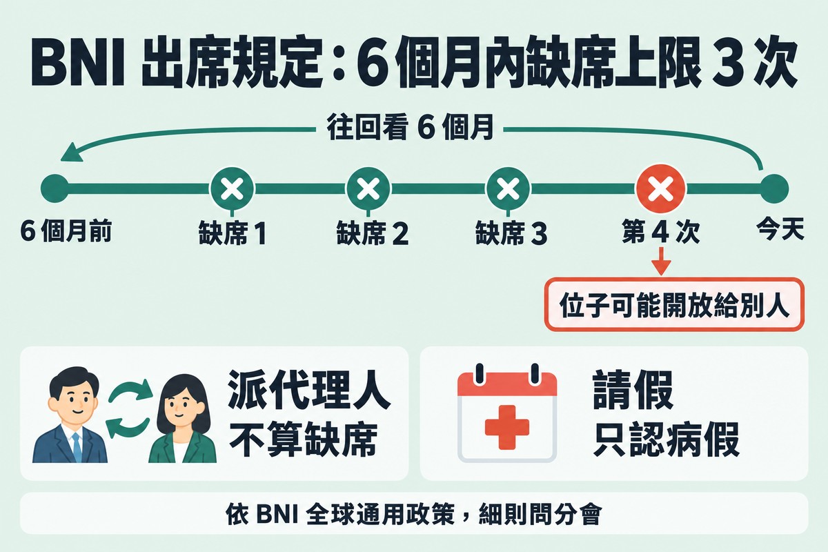時間軸:從今天往回看 6 個月,缺席 1、缺席 2、缺席 3 都還在額度內,第 4 次時位子可能開放給別人;下方兩格說明派代理人不算缺席、請假只認病假。