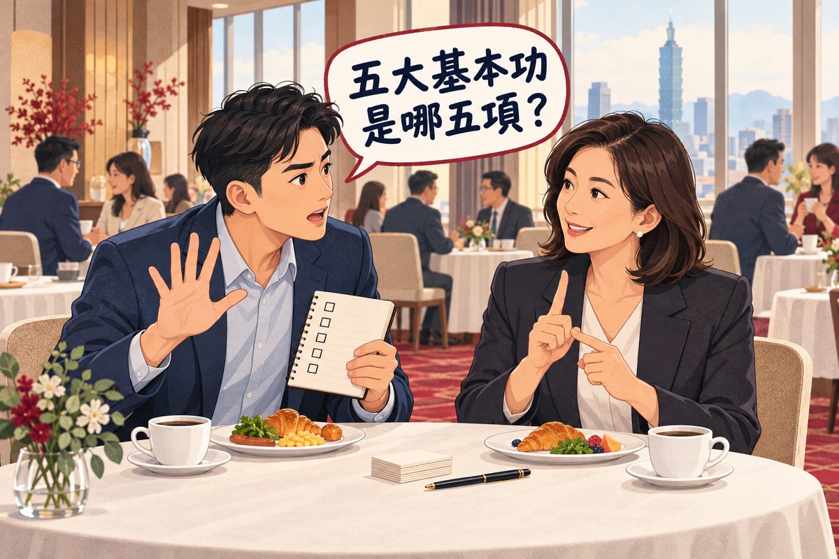早餐會會場裡,剛入會的新會員張開五根手指發問,資深會員一邊數手指一邊回答