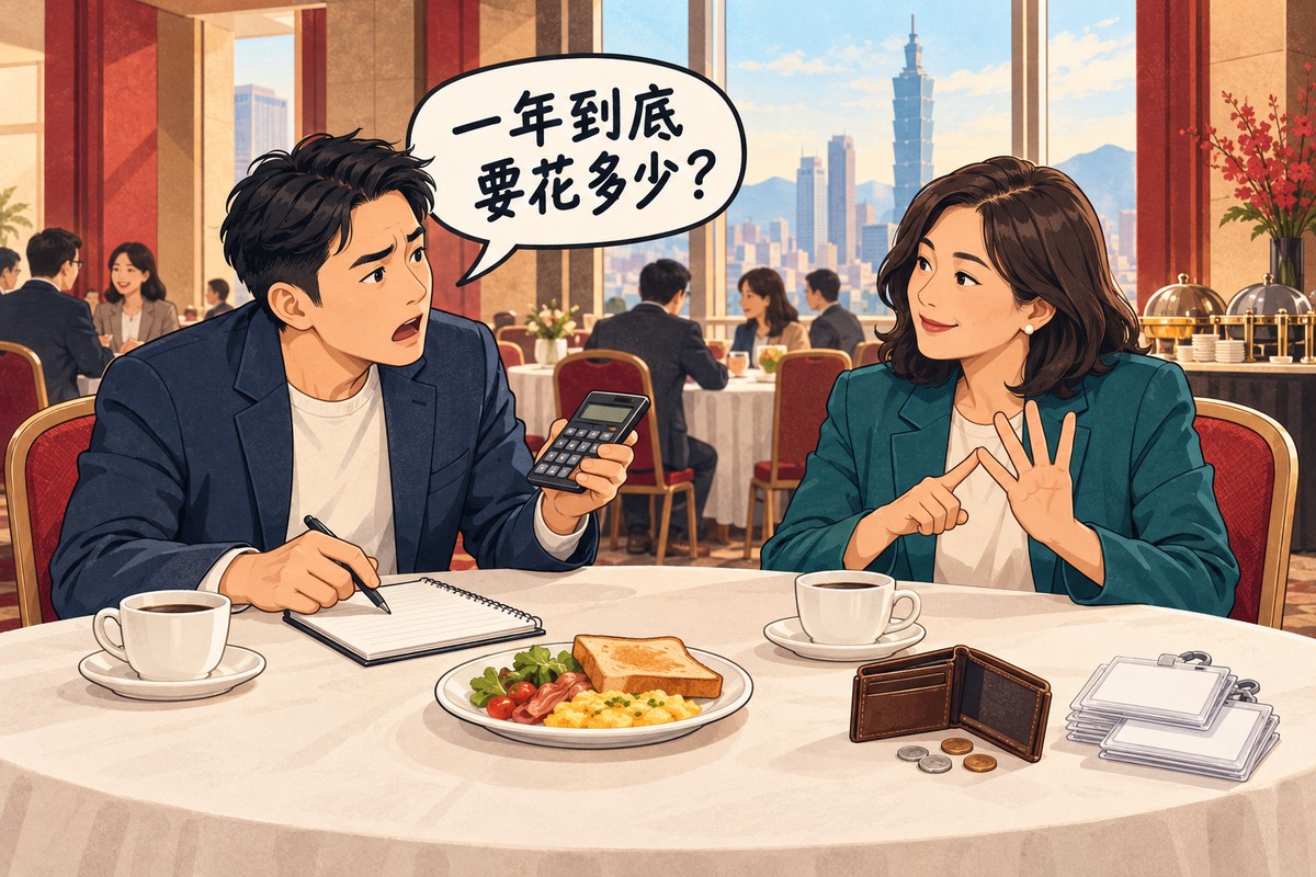 早餐會會場裡,一位皺著眉的老闆拿著計算機問「一年到底要花多少?」,對面的會員伸出手指一項一項數給他聽