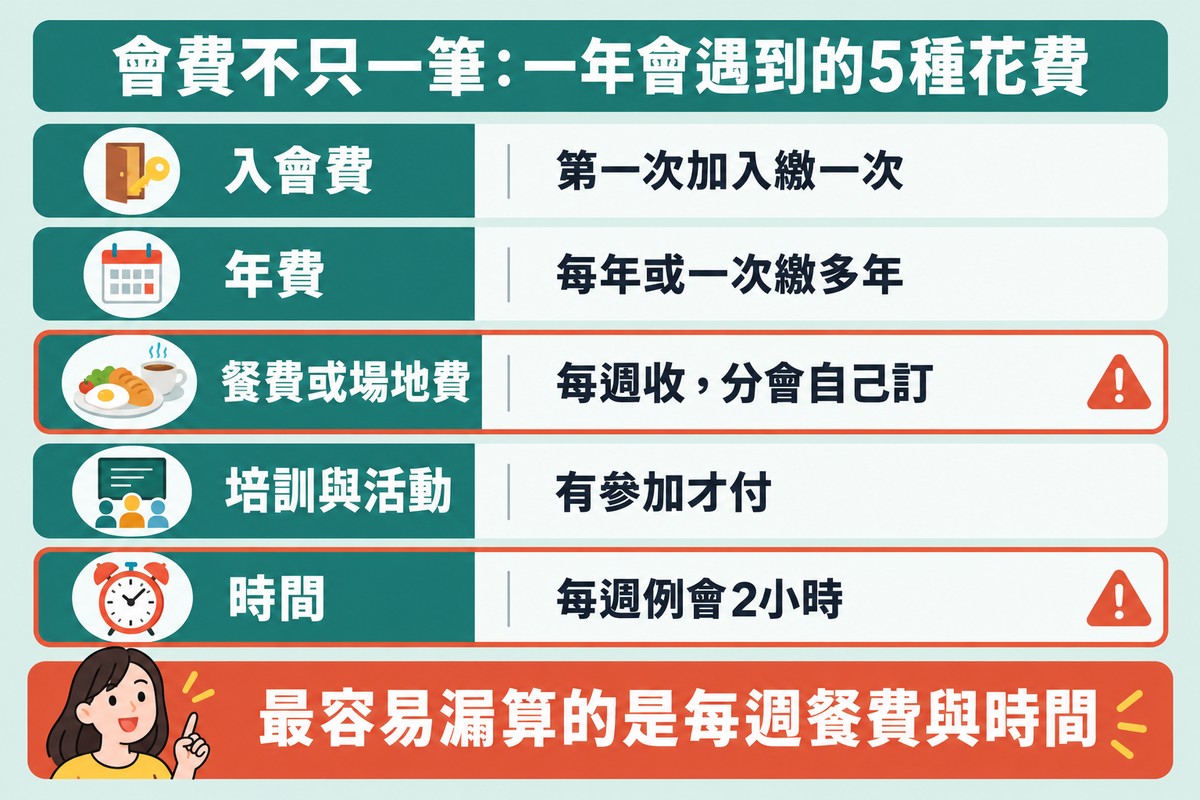會費不只一筆的分類圖：入會費第一次加入繳一次、年費每年或一次繳多年、餐費或場地費每週收且由分會自己訂、培訓與活動有參加才付、時間是每週例會 2 小時；最容易漏算的是每週餐費與時間