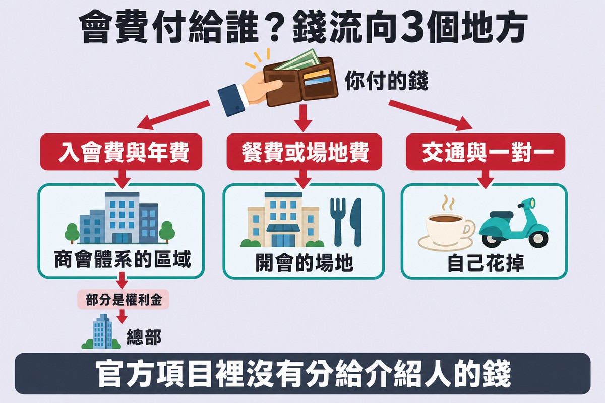 會費付給誰的流向圖：你付的錢分成三條，入會費與年費流向商會體系的區域、其中部分是權利金再上繳總部，餐費或場地費流向開會的場地，交通與一對一是自己花掉；下方橫幅寫官方項目裡沒有分給介紹人的錢