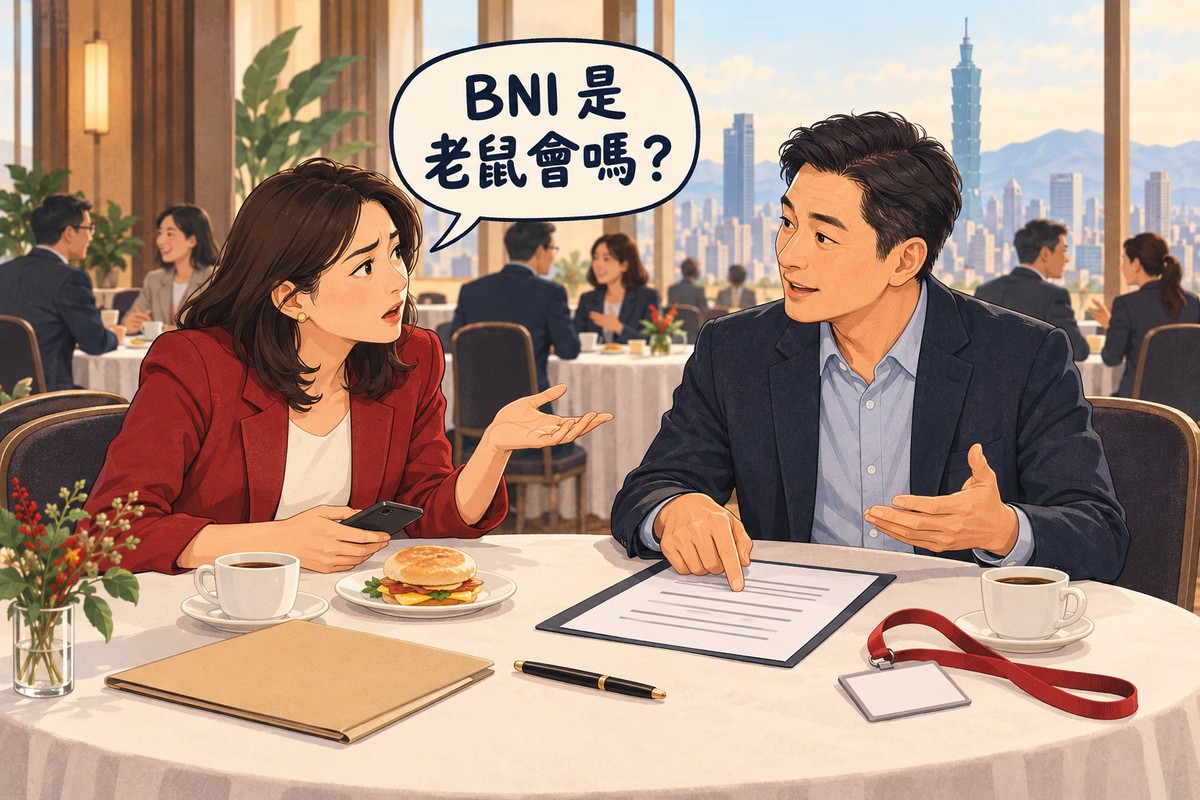 早餐會會場裡,一位女老闆皺著眉問「BNI 是老鼠會嗎?」,對面的男會員指著桌上的文件向她說明
