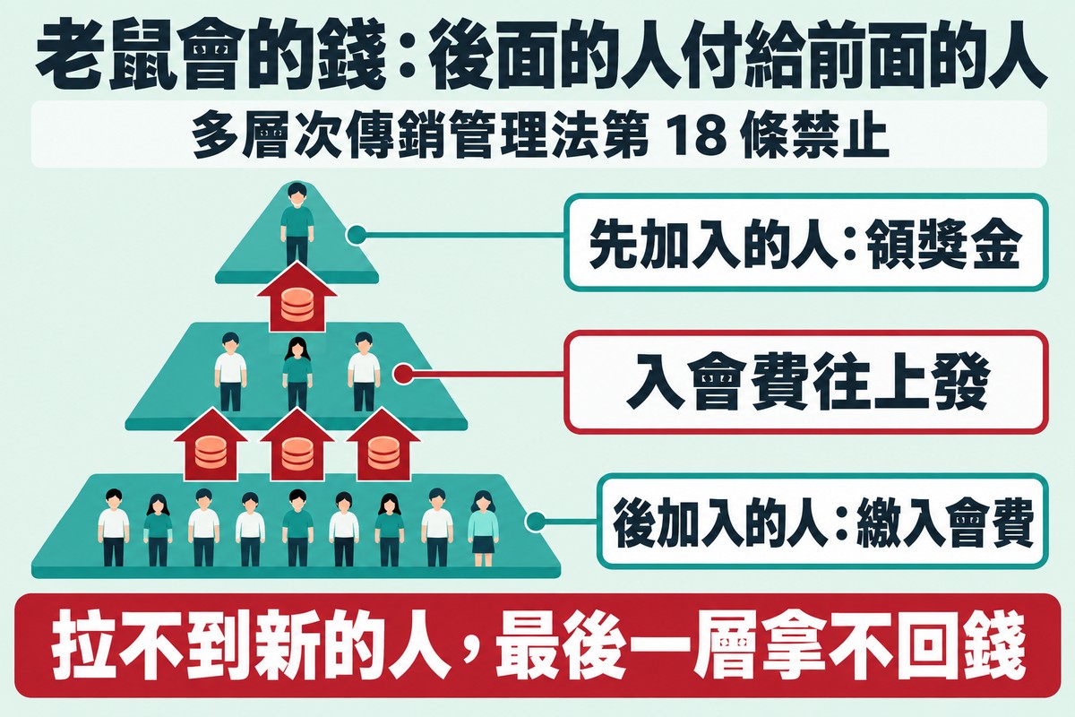老鼠會的金流示意圖:三層金字塔,最下層是後加入的人繳入會費,箭頭往上把錢送到最上層先加入的人手上;下方寫著拉不到新的人,最後一層拿不回錢
