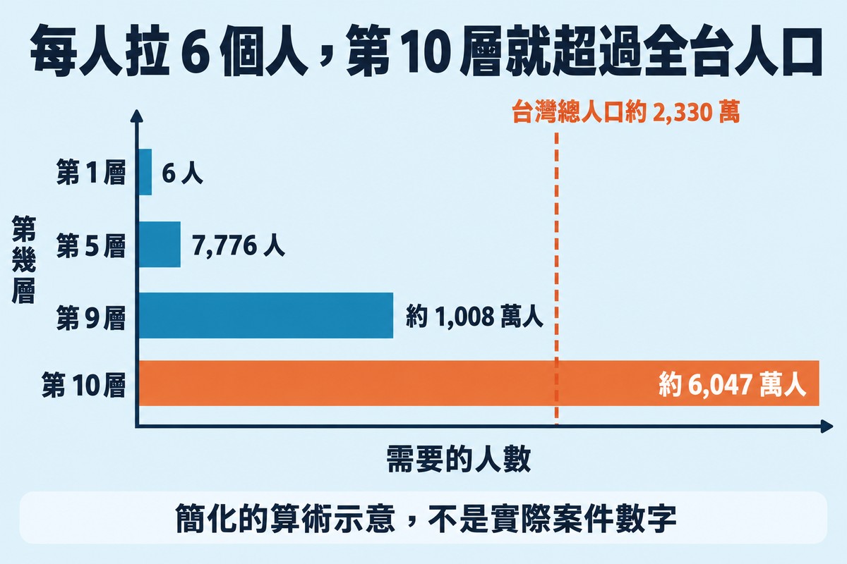 每人拉 6 個人的橫條圖:第 1 層 6 人、第 5 層 7,776 人、第 9 層約 1,008 萬人、第 10 層約 6,047 萬人,第 10 層的橫條超過標示台灣總人口約 2,330 萬的虛線