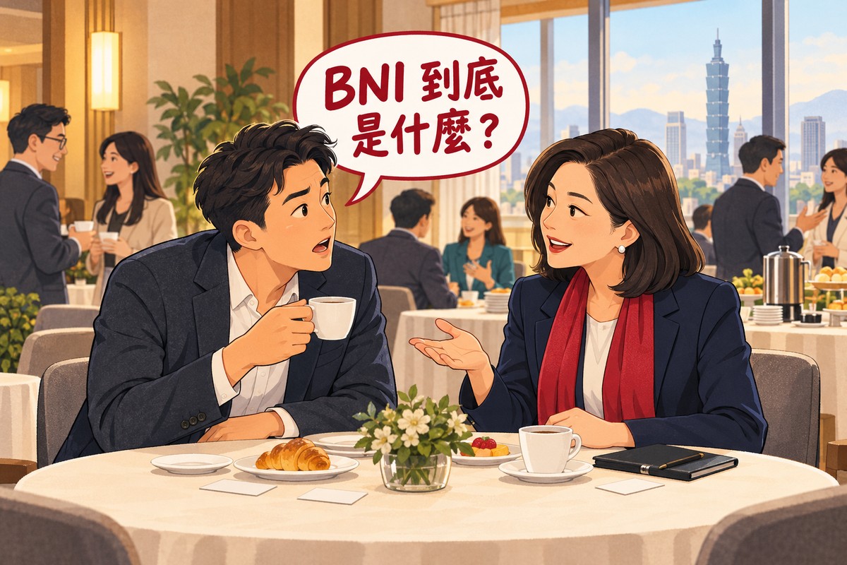 飯店早餐會會場的圓桌邊,第一次受邀的男士端著咖啡問「BNI 到底是什麼?」,身旁的女會員攤開手向他說明
