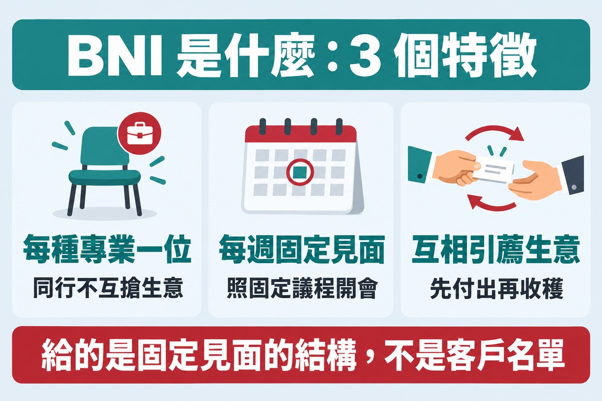 BNI 的三個特徵:每種專業一位,同行不互搶生意;每週固定見面,照固定議程開會;互相引薦生意,先付出再收穫。底下一句:給的是固定見面的結構,不是客戶名單